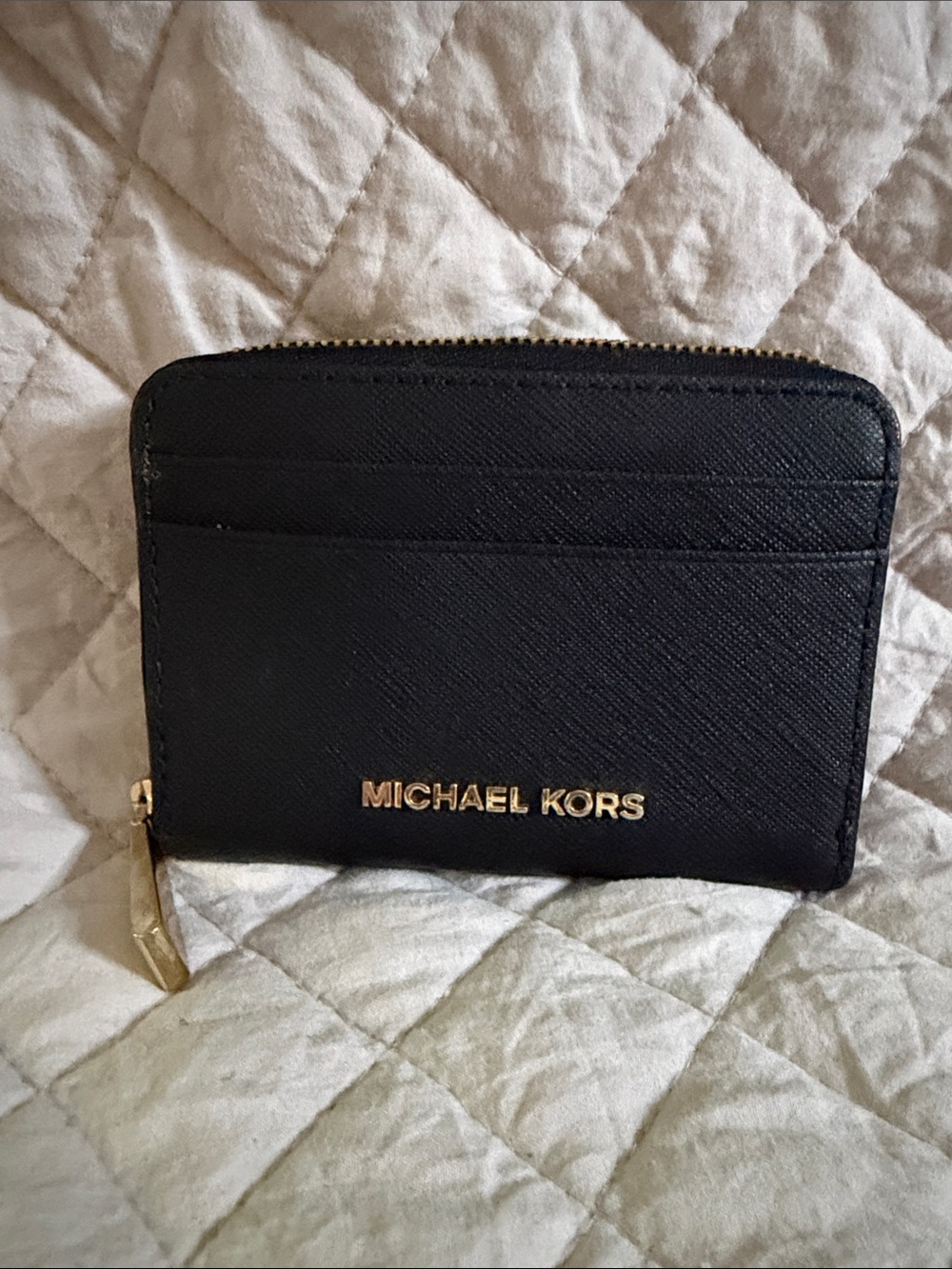 Michael Kors Black Saffiano Leather Zip Card Holder with Gold Logo